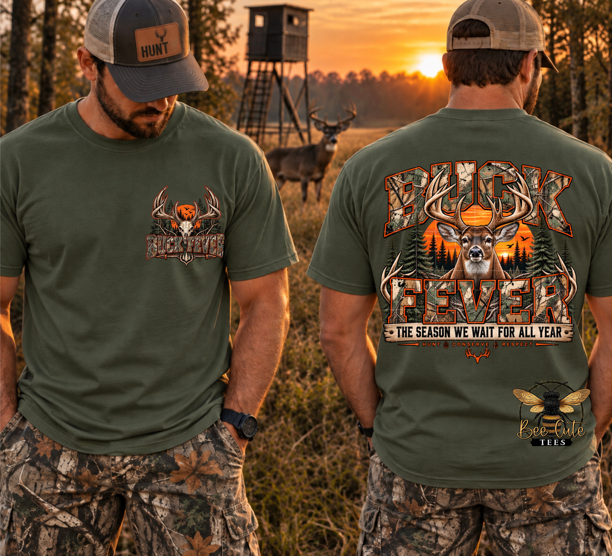 Two men shown outdoors at sunset wearing camouflage hunting apparel, with the focus on olive green graphic T-shirts. The front view shows a chest logo, and the back view shows a large deer and forest graphic with the text 'BUCK FEVER' and 'THE SEASON WE WAIT FOR ALL YEAR'.