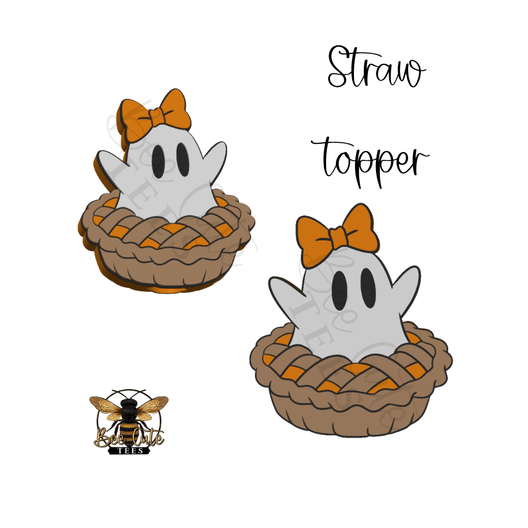 A digital graphic design preview of a 'Straw topper' featuring a cute white cartoon ghost with black eyes and an orange bow sitting in a brown woven pie, shown in two variations on a white background with a small bee logo in the bottom left.