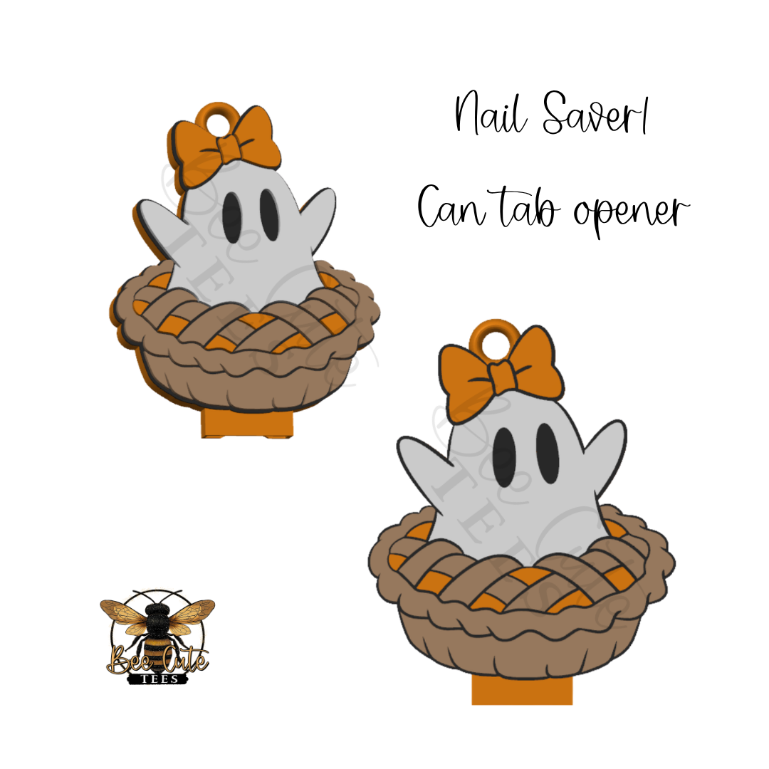 A Halloween-themed nail saver can tab opener shown in two views on a white background, with the text 'Nail Saver! Can tab opener.' The design features a white ghost with black eyes, an orange bow, and a brown pie.