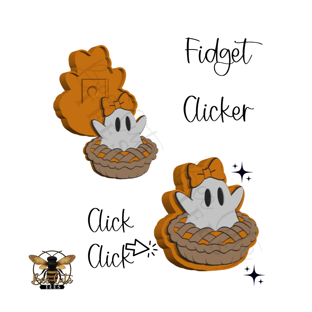 A digital product preview showing two cartoon-style autumn-themed fidget clickers on a white background, with handwritten text reading 'Fidget Clicker' and 'Click Click' plus sparkles and a bee logo.