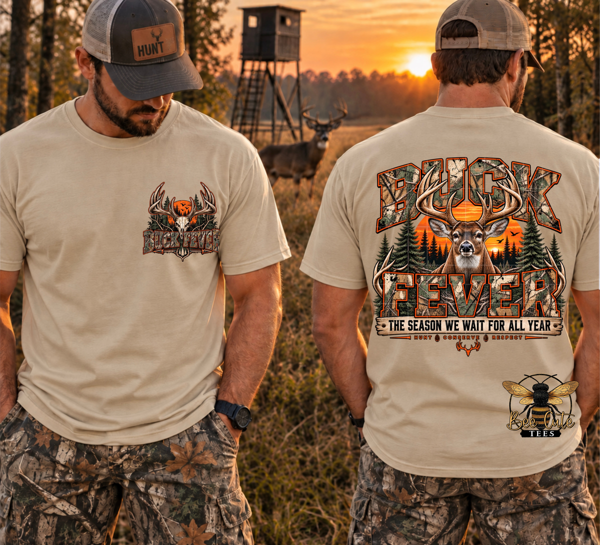 Two men shown from the front and back wearing a beige graphic t-shirt and camouflage hunting pants in an outdoor field at sunset. The front features a chest graphic of a deer head with antlers, while the back displays a large graphic with a deer, forest trees, and the text 'BUCK FEVER THE SEASON WE WAIT FOR ALL YEAR'.