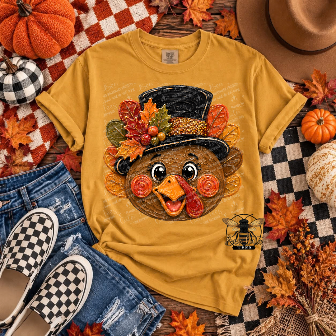 A mustard yellow graphic t-shirt featuring a cute cartoon turkey wearing a black top hat decorated with autumn leaves. The shirt is styled in a flat-lay arrangement with a brown cowboy hat, blue jeans, black-and-white checkered slip-on shoes, and various fall-themed decorations including pumpkins, maple leaves, and a plaid blanket.