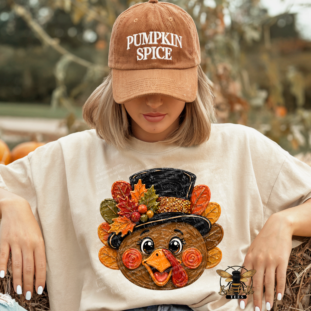 A woman wearing a beige crewneck t-shirt with a large 3D-effect turkey graphic on the front, paired with a brown baseball cap that says 'PUMPKIN SPICE'. She is posed outdoors on a hay bale with a blurred autumn garden background.