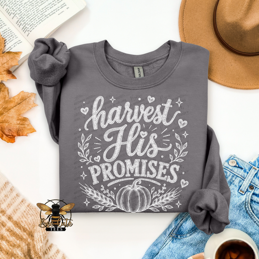 A folded dark gray long-sleeve t-shirt with rolled cuffs, featuring a white graphic print that reads 'harvest His PROMISES' with a pumpkin and leaf design. The shirt is styled in a flat-lay arrangement with autumn leaves, an open book, a tan hat, blue jeans, a cup of coffee, and a knit sweater on a white background.
