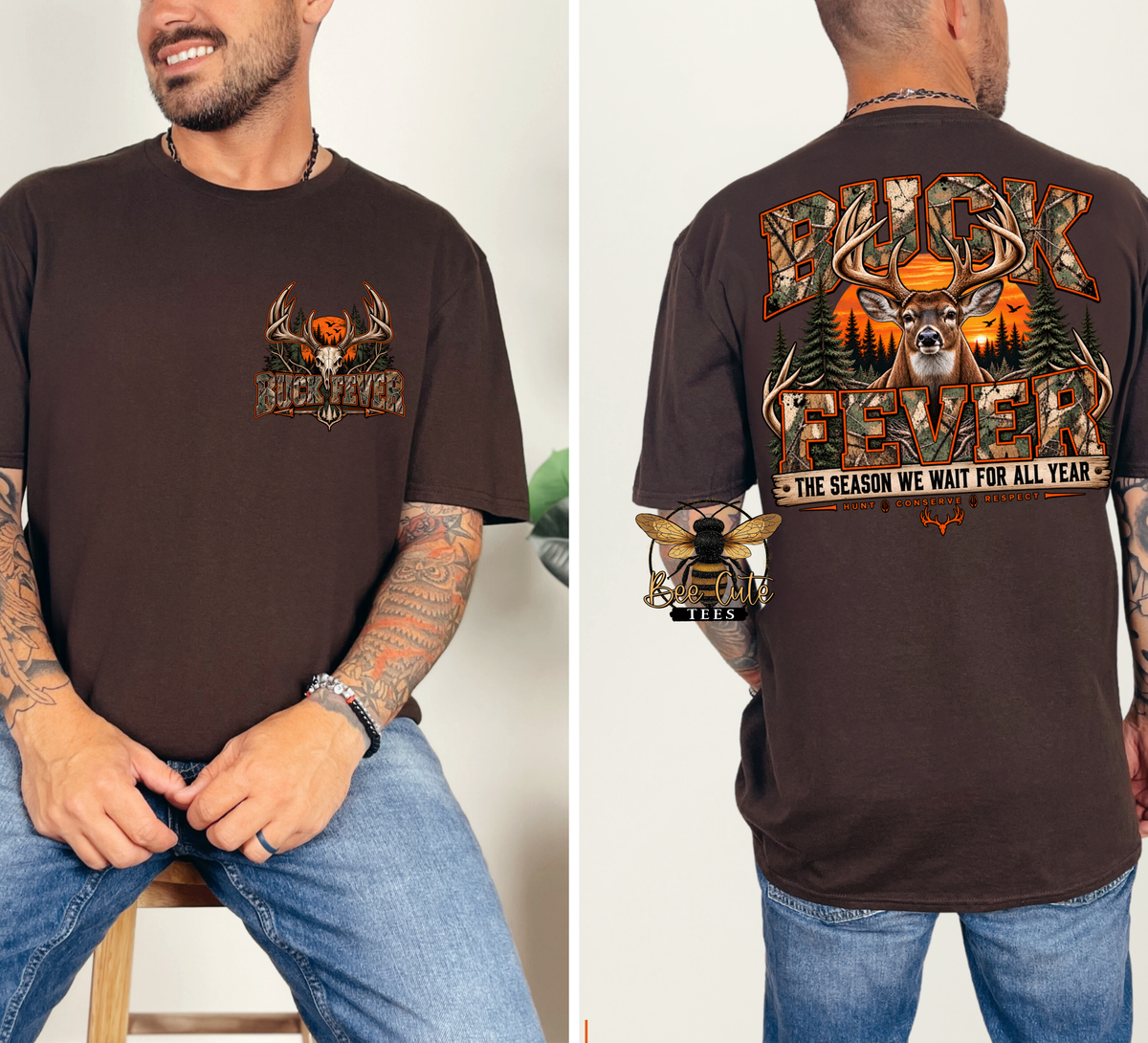 A man modeling a dark brown graphic t-shirt, showing both the front and back views. The front features a small chest graphic of a deer skull with antlers and an orange skyline.