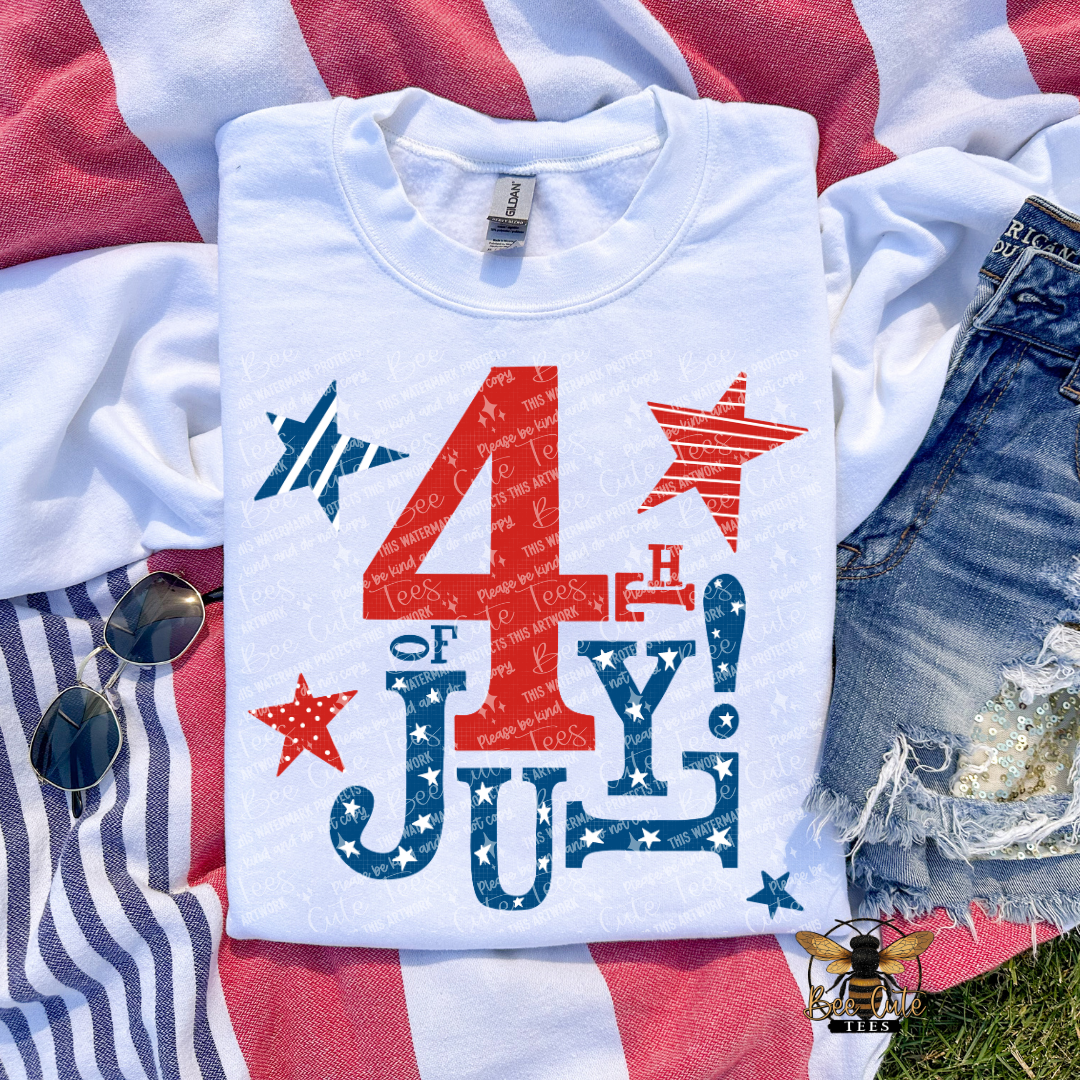 White t-shirt with '4th of July!' design on a flag background
