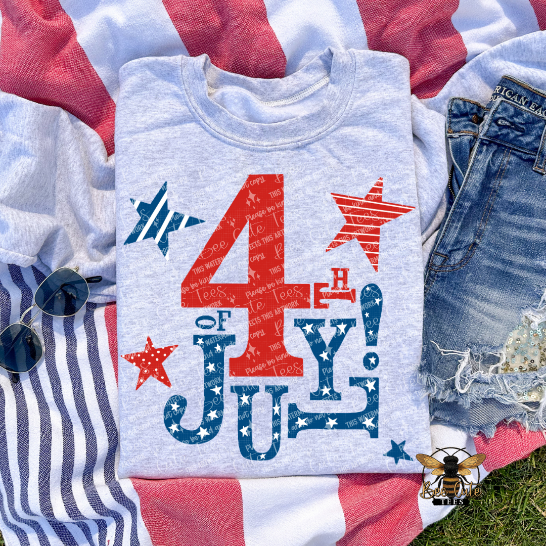 Grey sweatshirt with '4th of July' design on a flag background