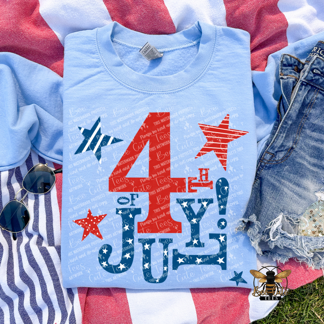 Light blue t-shirt with '4th of July' design on a flag background