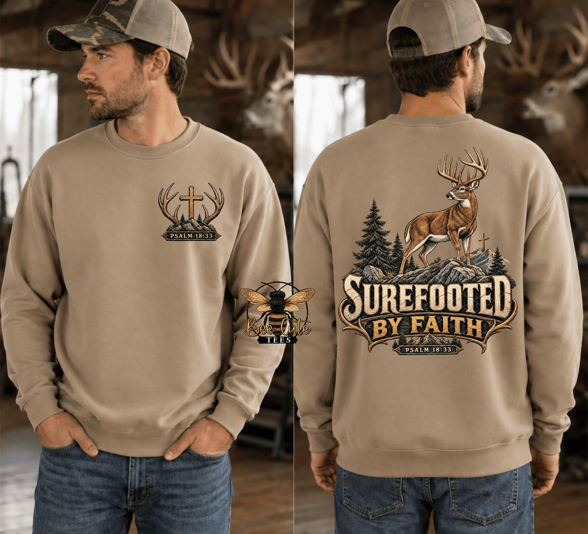 A man modeling a beige crewneck sweatshirt shown from both front and back. The front features a small deer antler cross graphic with 'PSALM' on the left chest.