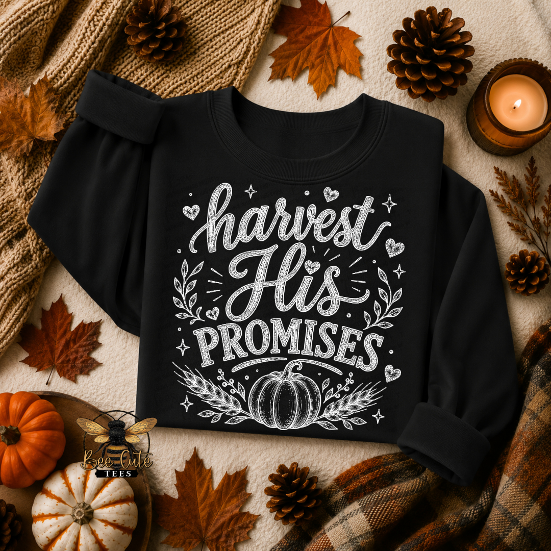 A black long-sleeve shirt laid flat on a cozy autumn-themed background with a white graphic reading 'harvest His PROMISES' and a pumpkin illustration. The scene includes a knit blanket, pinecones, fall leaves, small pumpkins, and a lit candle.