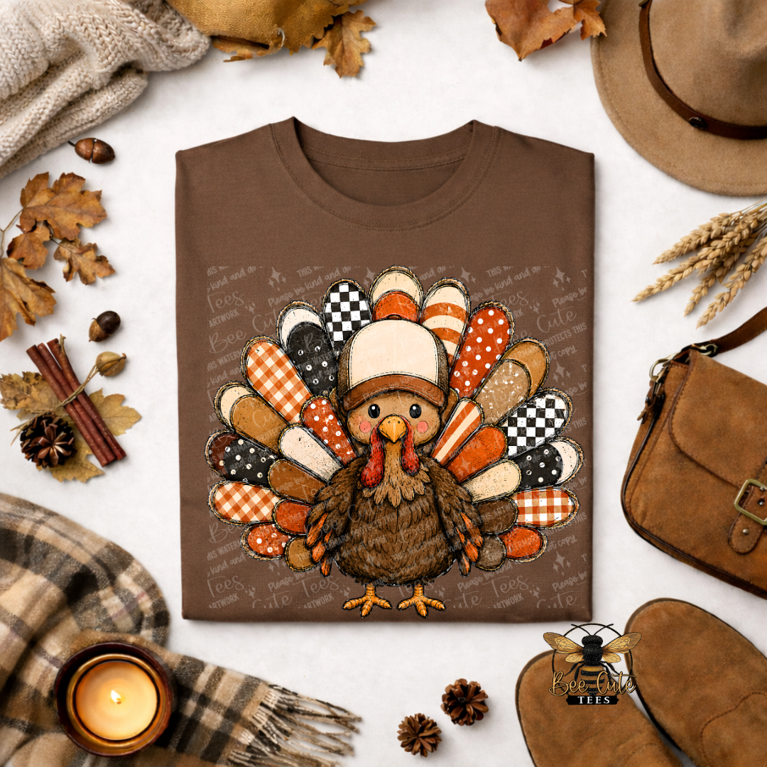 A brown short-sleeve T-shirt laid flat on a light surface, featuring a large Thanksgiving turkey graphic with patterned feathers in orange, beige, black, white, and brown. The shirt is styled in a fall flat lay with leaves, a hat, shoes, a bag, a candle, and a plaid scarf around it.
