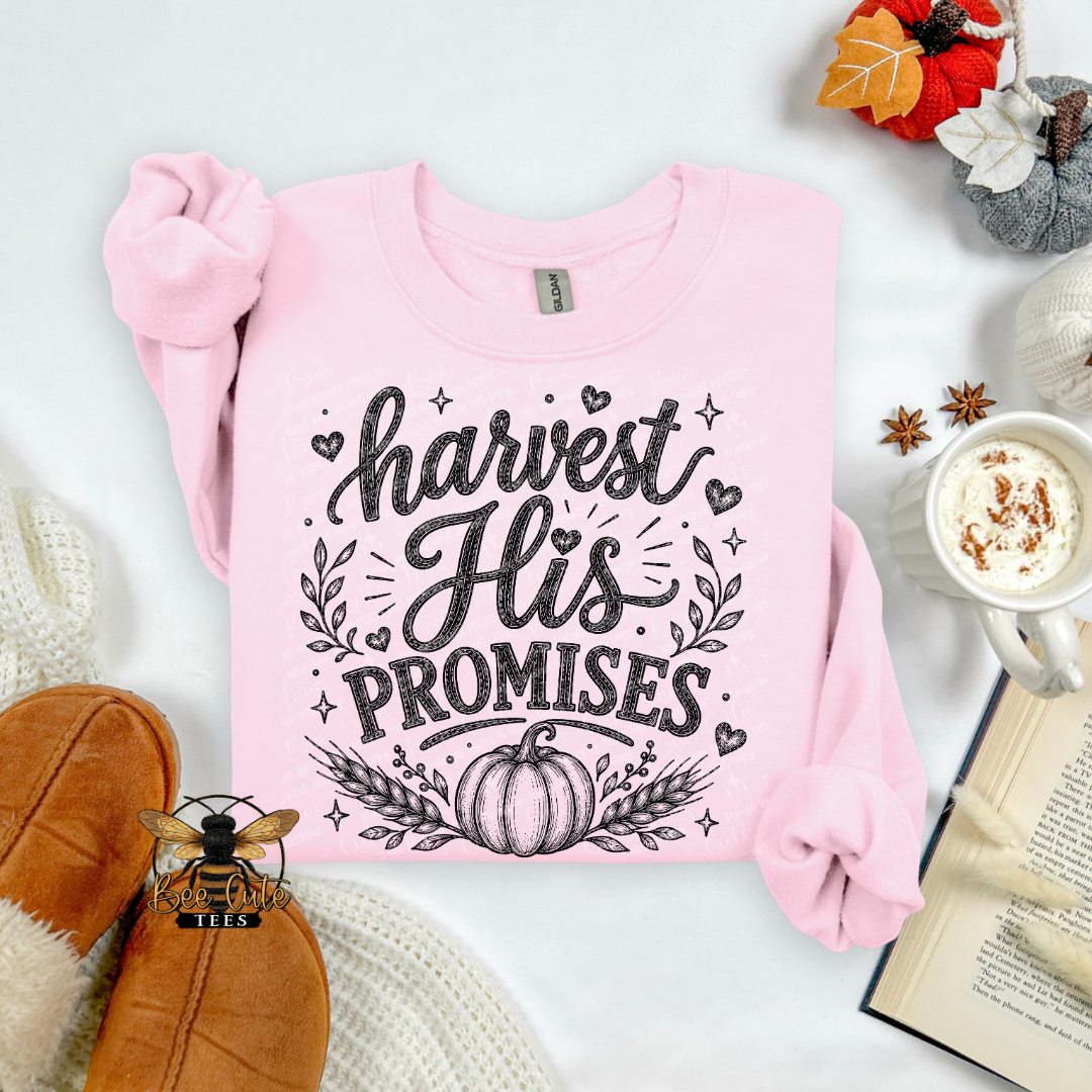 A folded light pink sweatshirt with rolled sleeves, featuring a black graphic print that reads 'harvest His PROMISES' with a pumpkin and leaf design. The sweatshirt is styled in a cozy flat-lay arrangement with a mug of coffee, an open book, knit socks, and autumn leaves on a white background.