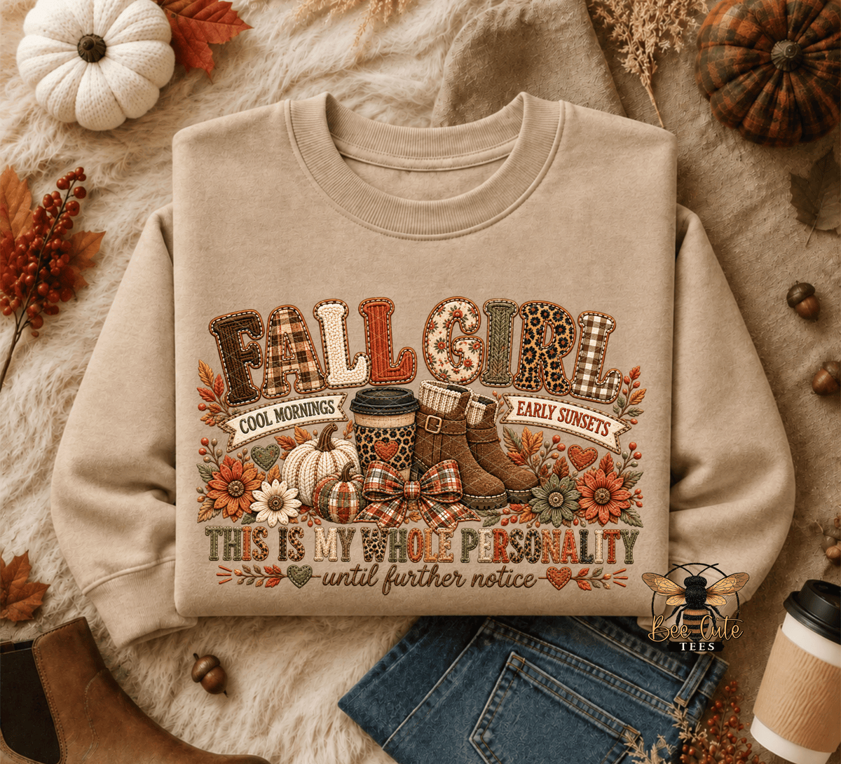 A beige crewneck sweatshirt laid flat on a faux-fur surface with autumn props. The sweatshirt has a large decorative graphic reading “FALL GIRL” with patterned lettering, fall leaves, pumpkins, a coffee cup, boots, and the phrase “THIS IS MY WHOLE PERSONALITY until further notice.