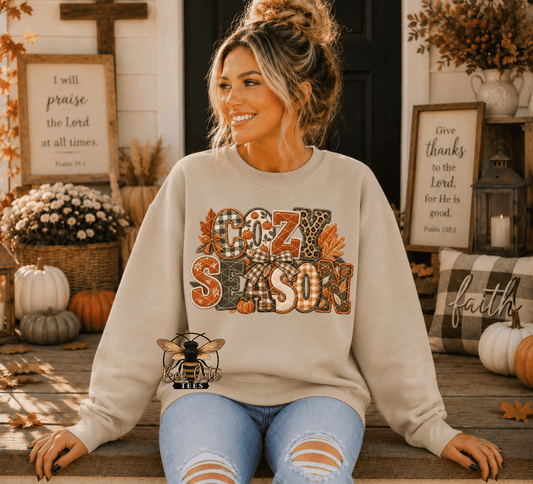 A woman sitting on a porch wearing a beige crewneck sweatshirt with a colorful 'COZY Season' autumn graphic. The background features fall decorations including pumpkins, a cross, and framed scripture signs.