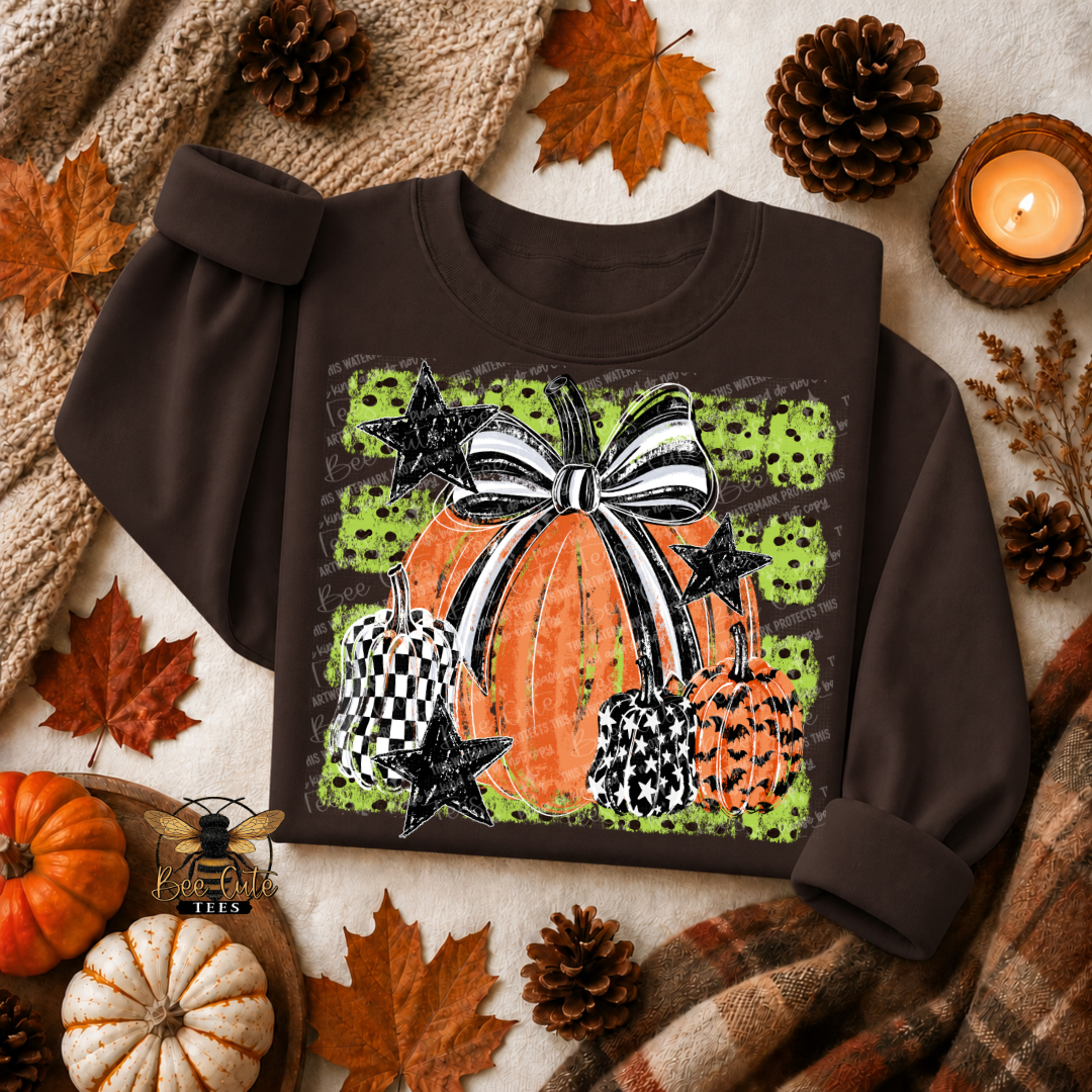 A dark brown long-sleeve sweatshirt with a large autumn-themed graphic on the front, styled in a cozy flat-lay with pumpkins, pinecones, autumn leaves, a knitted blanket, and a lit candle.