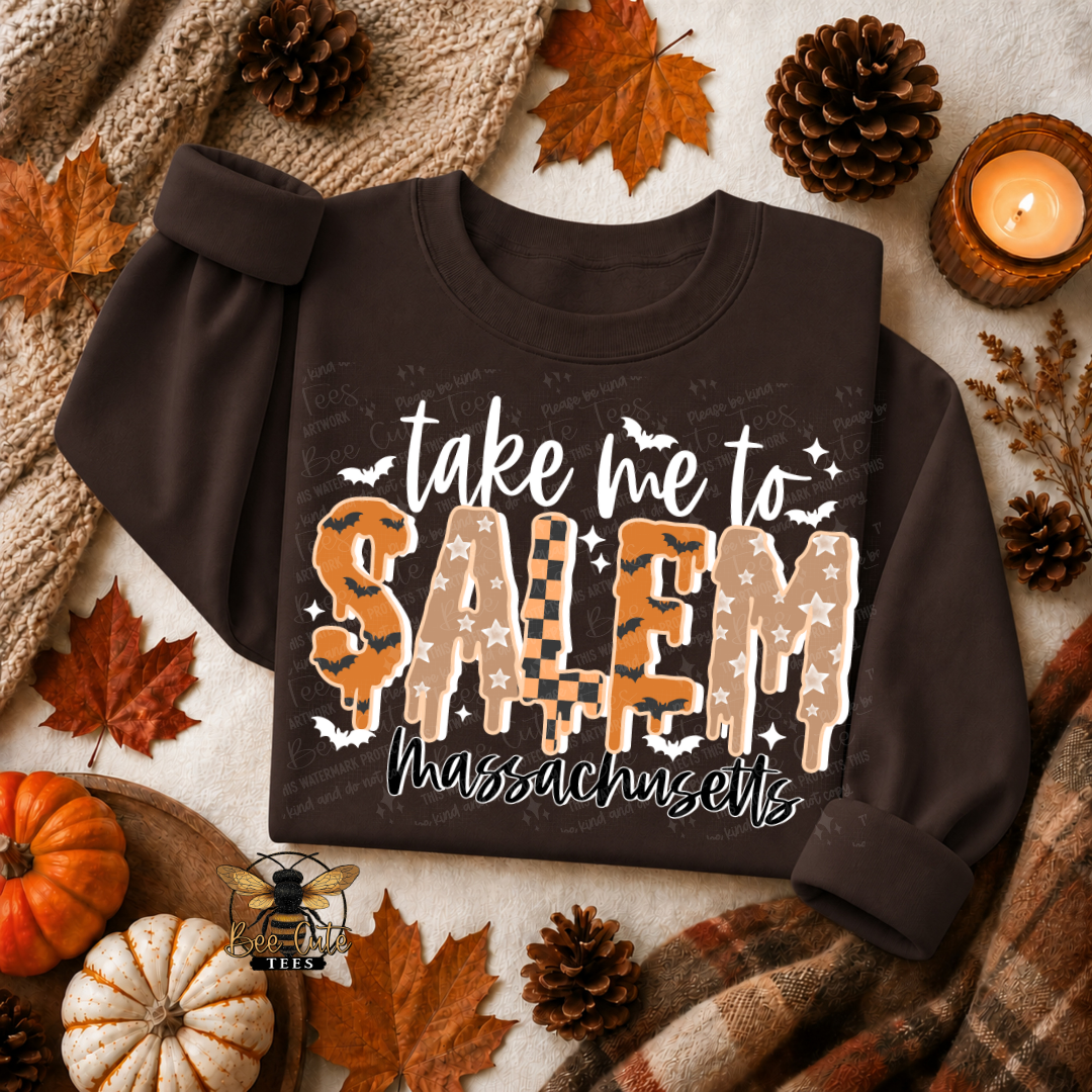 A dark brown long-sleeve sweatshirt laid flat on a styled autumn background with pumpkins, pinecones, leaves, a knit blanket, and a candle. The front graphic reads “take me to SALEM massachusetts” in white and tan lettering with small bat and star details.