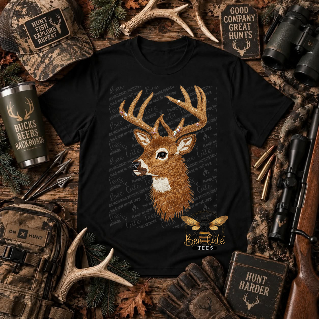 A black graphic t-shirt featuring a detailed brown and gold deer head illustration with a logo 'Bee-Cute Tees' and antlers, presented in a rustic hunting-themed flat lay with binoculars, camouflage gear, and antlers.