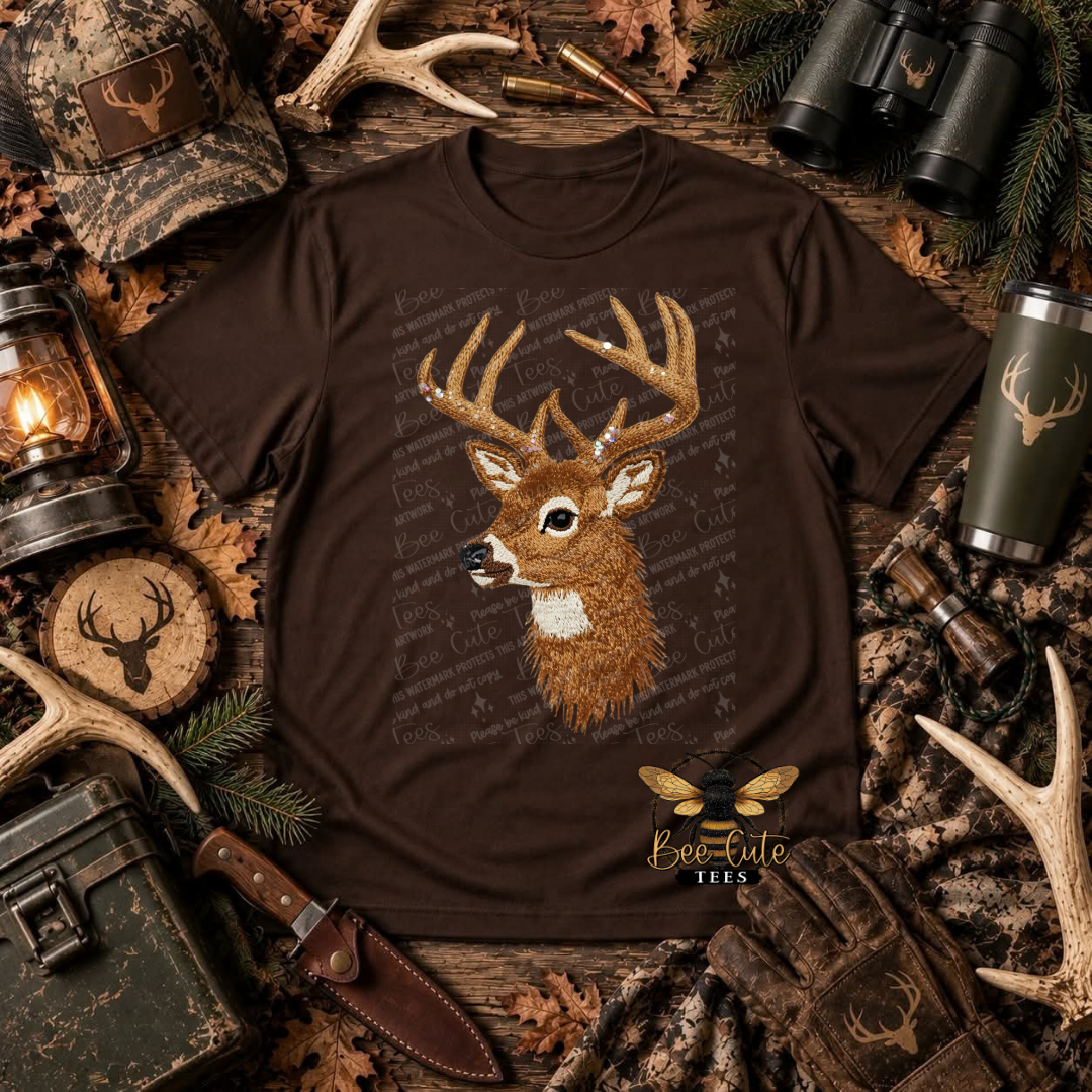 A brown graphic t-shirt featuring a detailed embroidered deer head design and a bee logo with the text 'Bee Cute Tees' at the bottom. The shirt is displayed in a rustic flat-lay arrangement with hunting-themed props including camouflage gear, binoculars, a lantern, and antlers on a wooden surface.