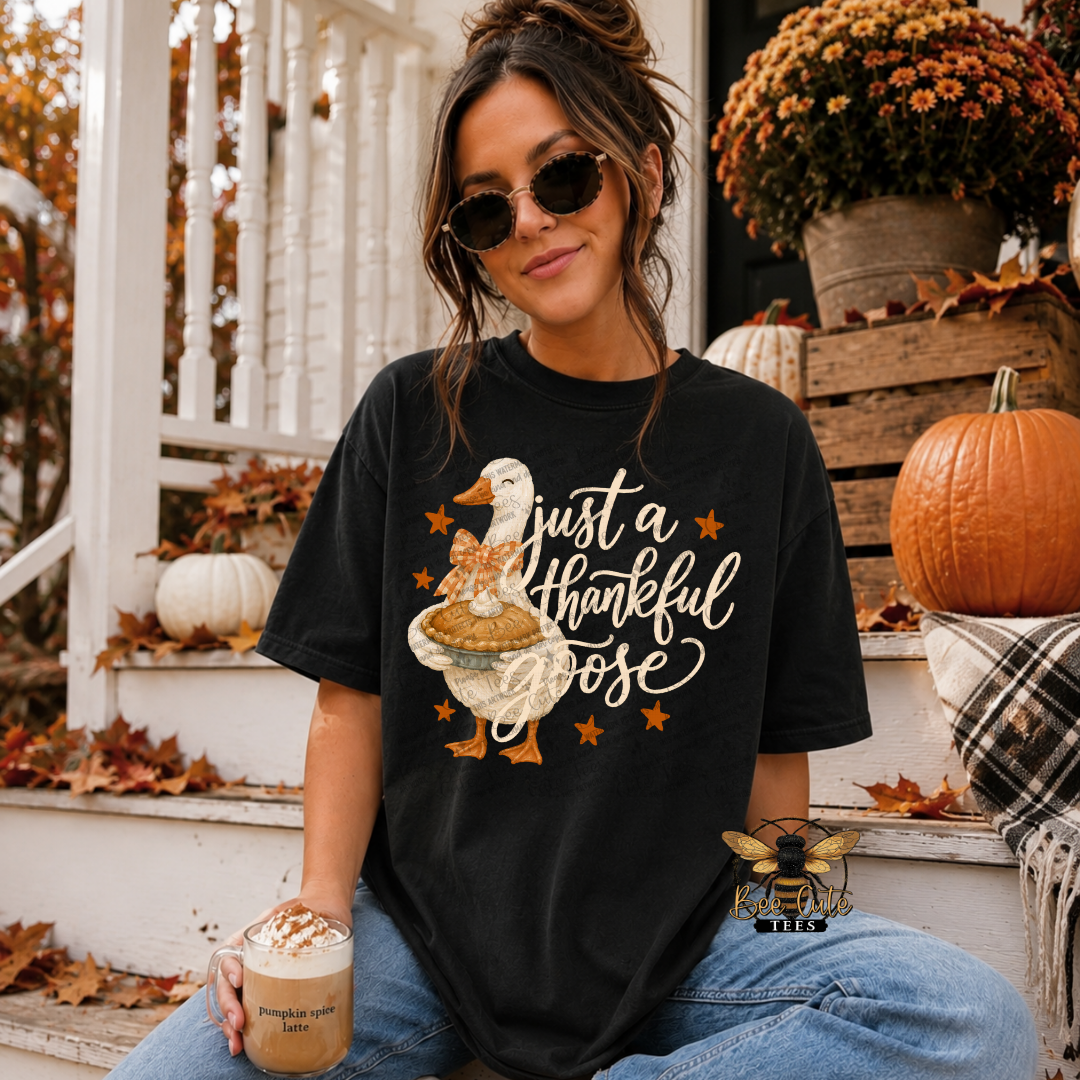 A woman wearing a black graphic t-shirt with a Thanksgiving theme, sitting on white wooden porch steps decorated with pumpkins, autumn leaves, and potted plants. The t-shirt features a graphic of a goose with a pie with the text 'Just a thankful goose'.