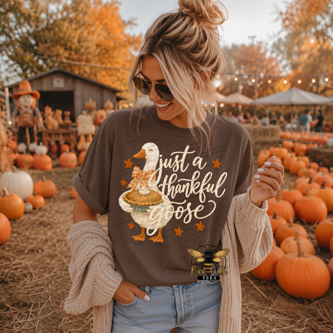 A woman wearing a brown graphic t-shirt with a 'just a thankful goose' design stands in a pumpkin patch. The shirt features an illustration of a goose holding a pumpkin pie with the text 'just a thankful goose' in white script and orange star accents.