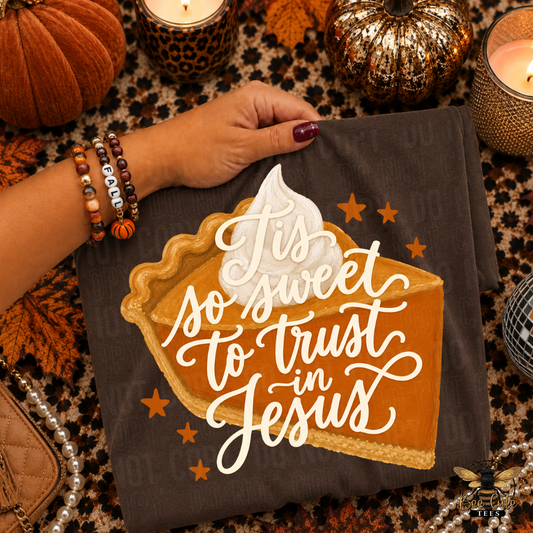 A folded brown T-shirt is displayed on a patterned surface with seasonal props. A hand with purple nail polish holds the top edge.