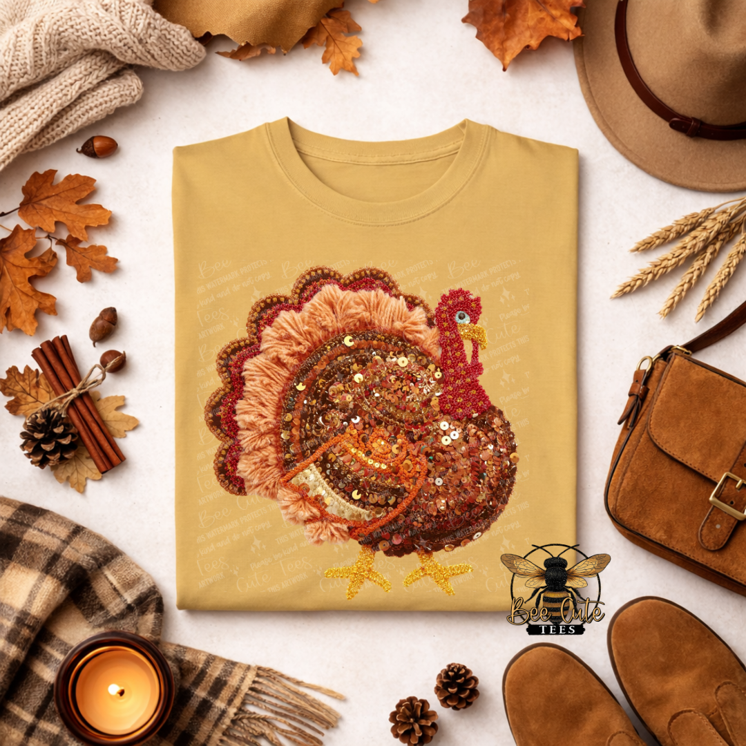 A folded tan T-shirt with a large sequined turkey graphic in autumn colors, styled in a flat lay with fall leaves, a hat, shoes, a bag, a candle, and a scarf on a light background.
