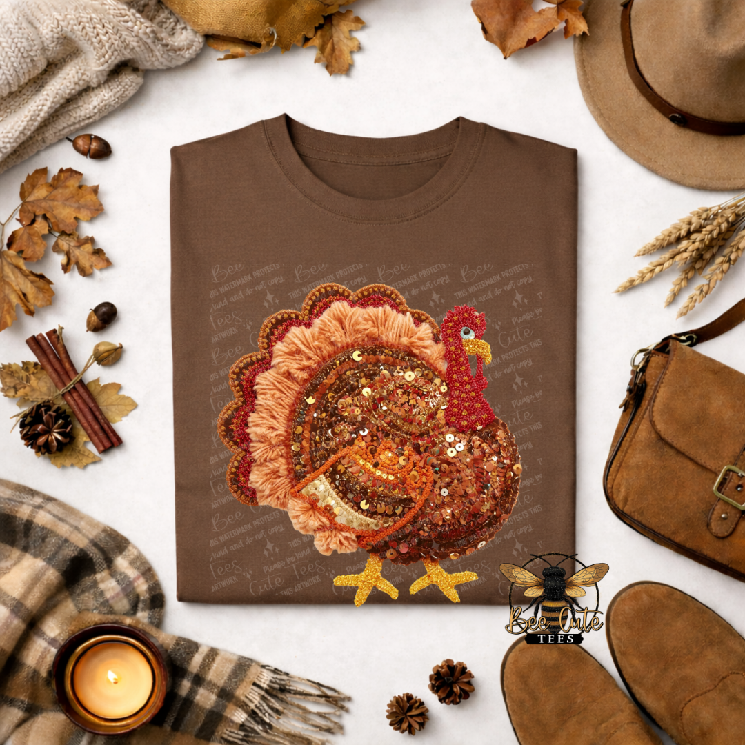 A brown crewneck sweatshirt featuring a large sequined turkey graphic in autumn colors, styled in a flat lay with fall-themed props including a plaid scarf, candle, wheat, and boots.