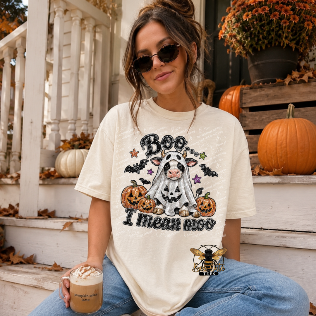A woman wearing a cream-colored graphic t-shirt with a Halloween design that reads 'Boo I mean moo' with a cow, pumpkins, and bats, sitting on outdoor wooden steps decorated with pumpkins and autumn leaves.