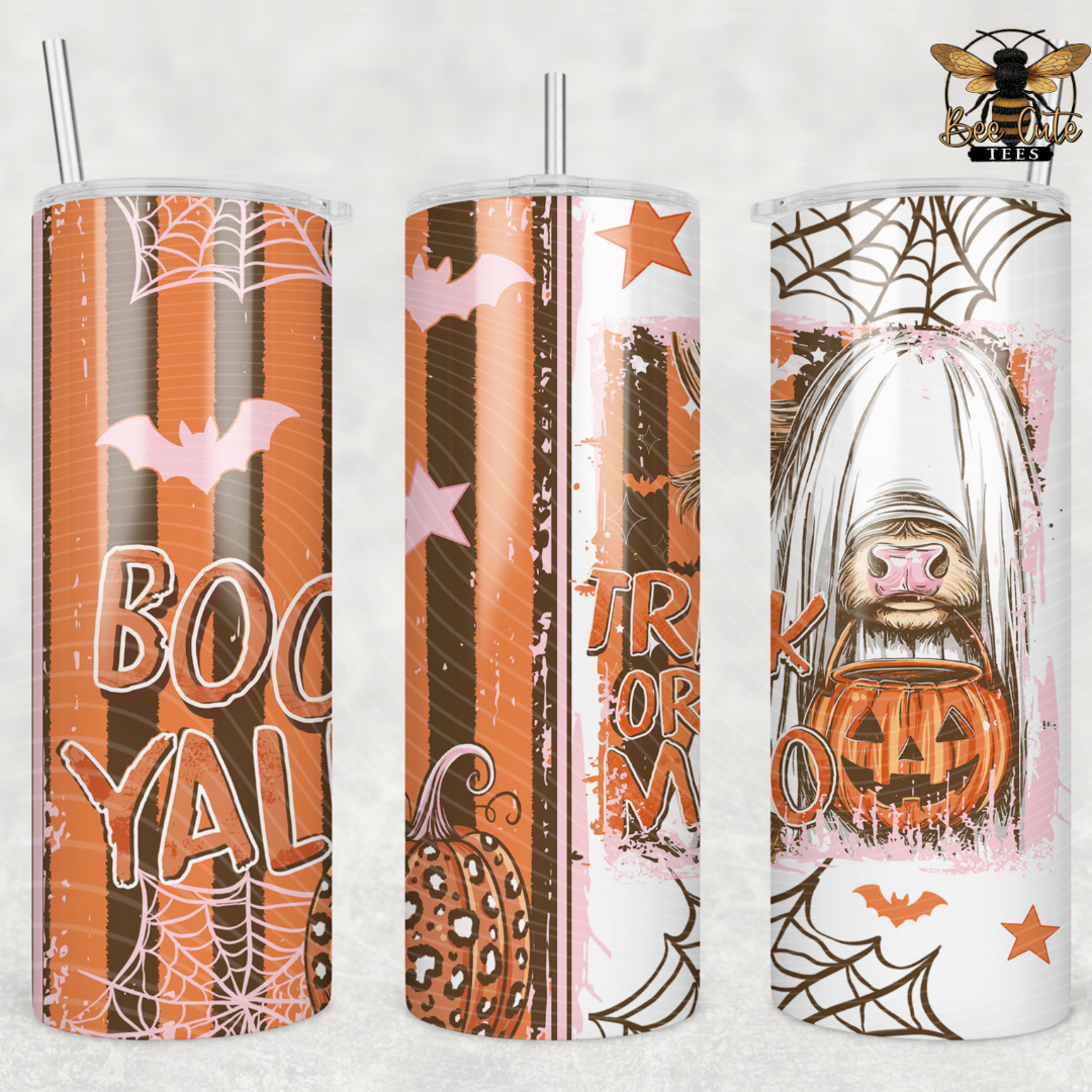 Three views of a Halloween-themed skinny tumbler with a clear lid and metal straw. The design features orange and white stripes, spiderwebs, bats, stars, pumpkins, and a spooky ghosted figure holding a jack-o'-lantern.