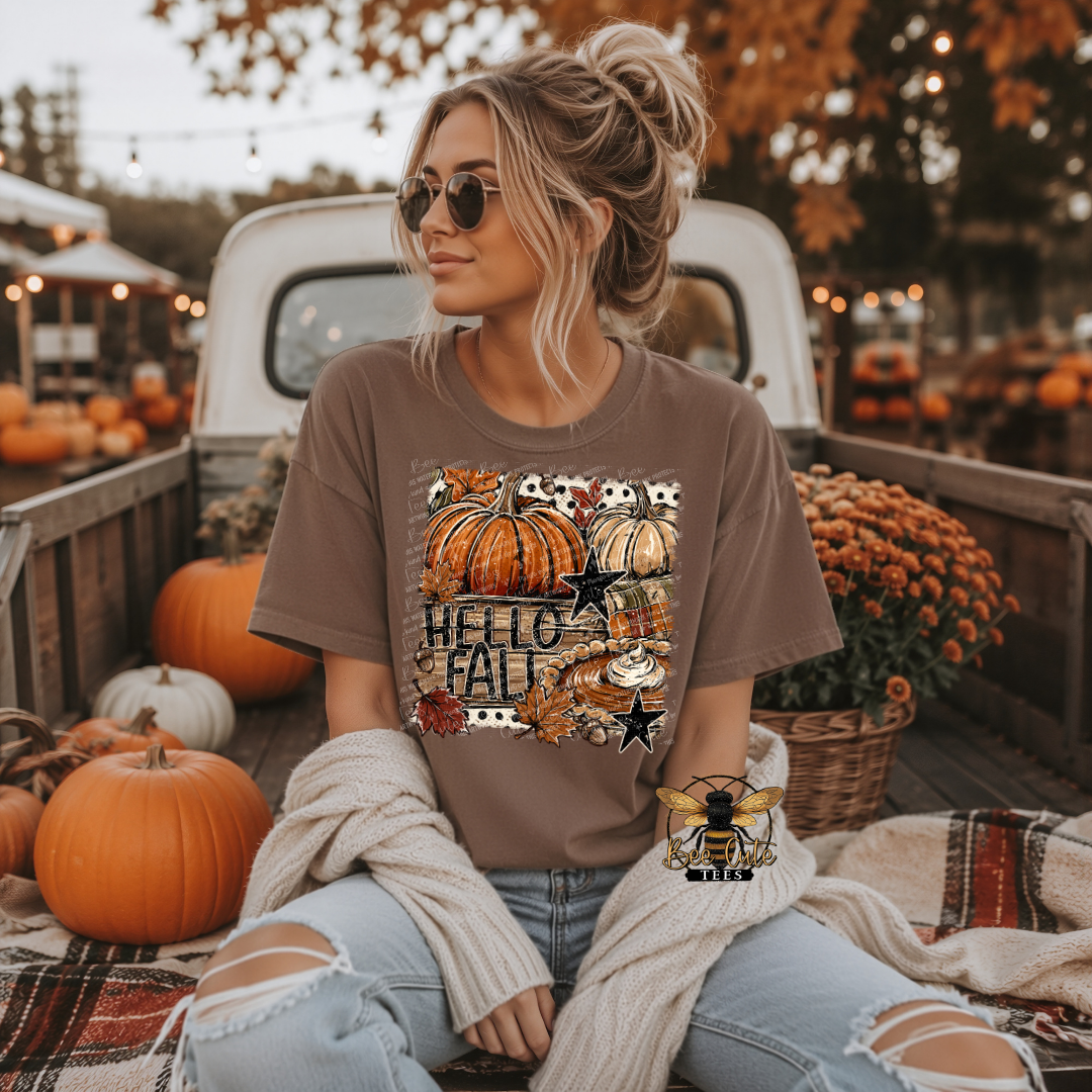 A woman sitting in the bed of a pickup truck surrounded by pumpkins and fall decorations, wearing a brown graphic t-shirt that says 'HELLO FALL' with pumpkins, stars, and a bee logo.