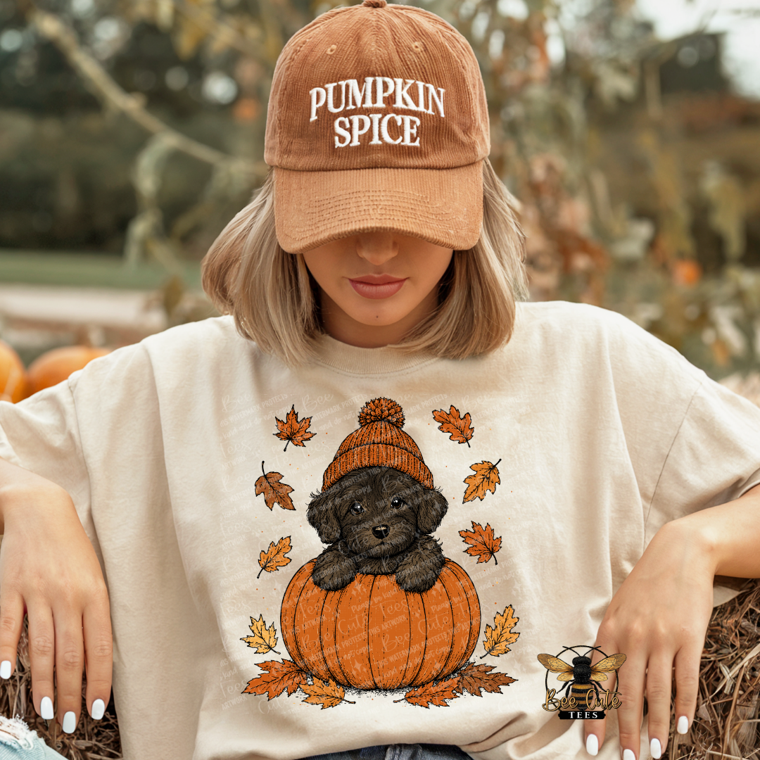 A woman wearing a tan baseball cap that says 'PUMPKIN SPICE' and a cream-colored graphic t-shirt featuring a black puppy sitting in an orange pumpkin surrounded by autumn leaves. She is posed outdoors in a pumpkin patch setting.