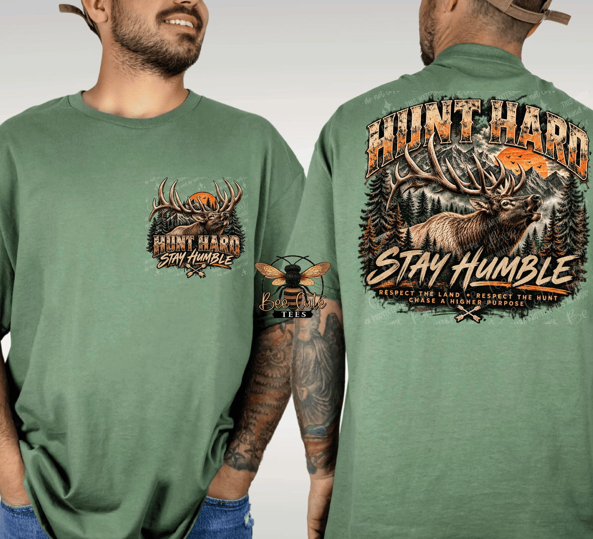 A man modeling a sage green t-shirt, showing both the front and back views. The front features a small chest graphic with a deer head and the words 'HUNT HARD STAY HUMBLE'.