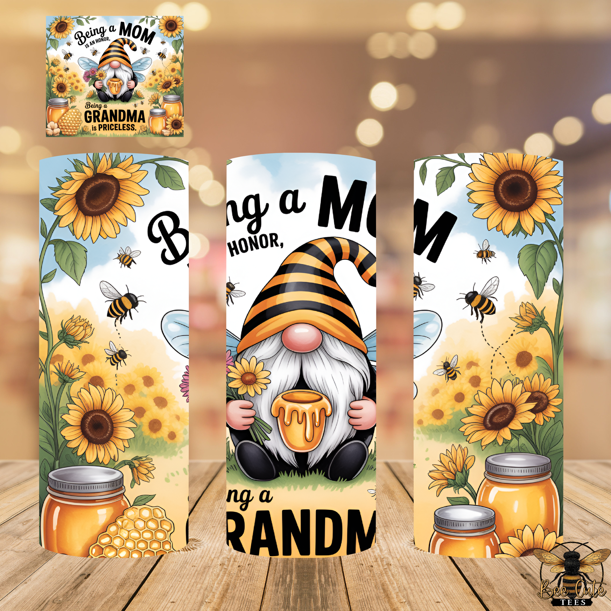 Three decorative panels featuring a gnome, sunflowers, and honey jars on a wooden surface.