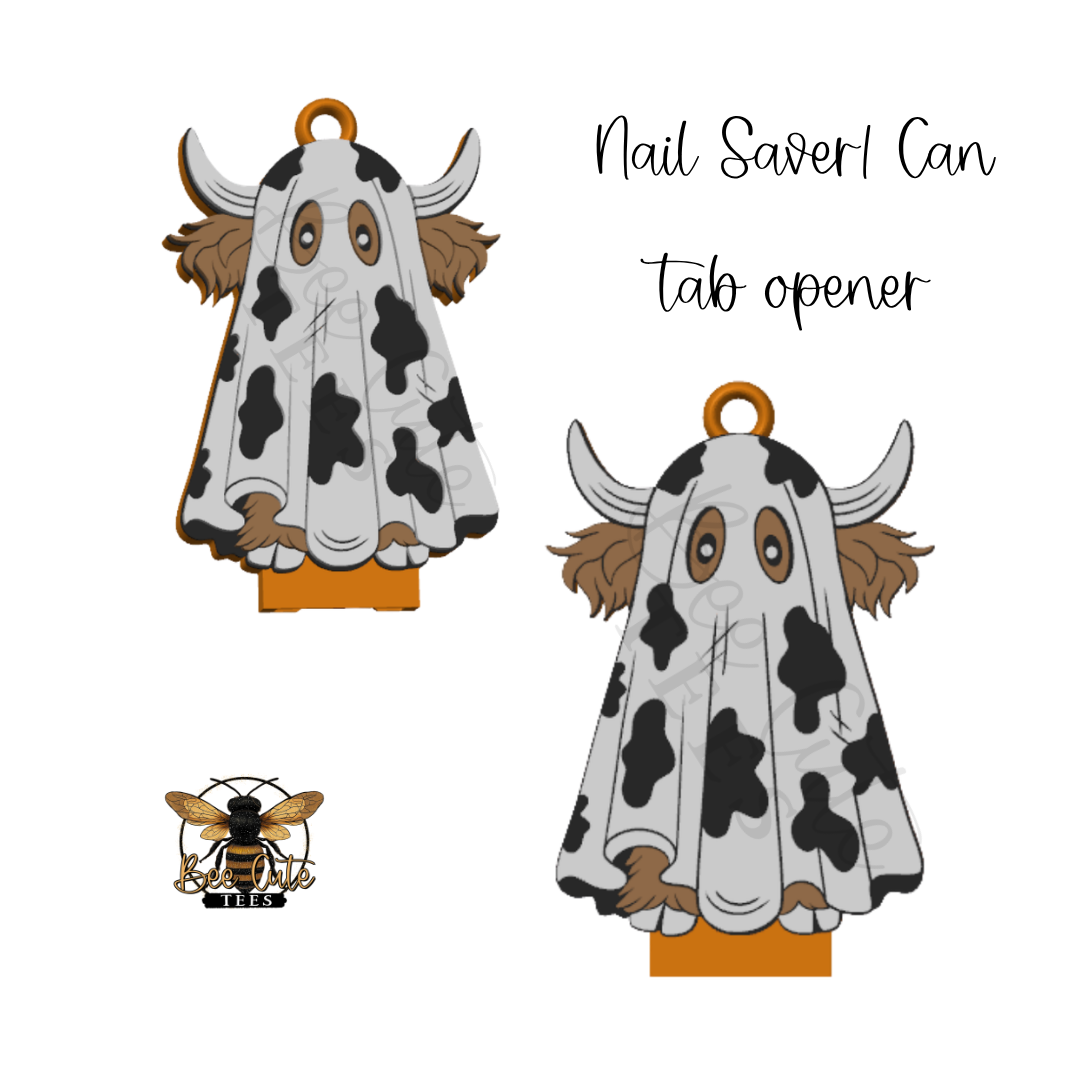 A product listing graphic for a 'Nail Saver! Can tab opener' featuring a cartoon cow in a ghost costume. The design shows the product from two angles, with a small bee logo and brand text 'BEE' in the bottom-left corner, all on a plain white background.