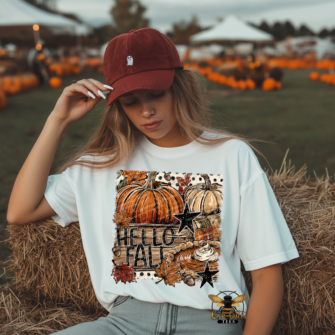 A woman sitting on a hay bale in a pumpkin field wears a white graphic T-shirt with a 'Hello Fall' autumn print and a burgundy baseball cap. The shirt features a graphic of pumpkins, stars, and the text 'HELLO FALL' in a fall-themed design.