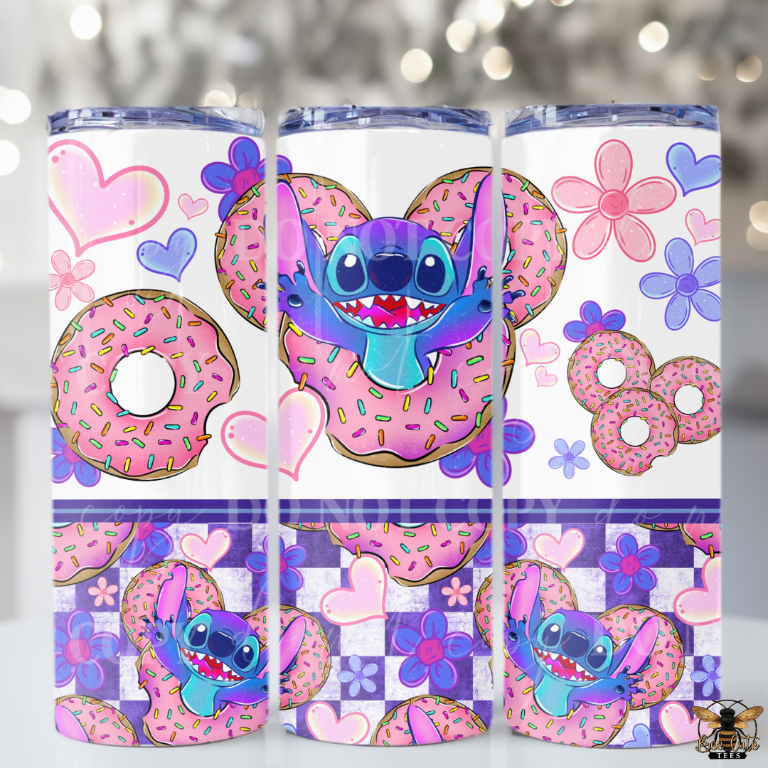 Set of three tumbler designs featuring cartoon character, donuts, and floral patterns on a white background.