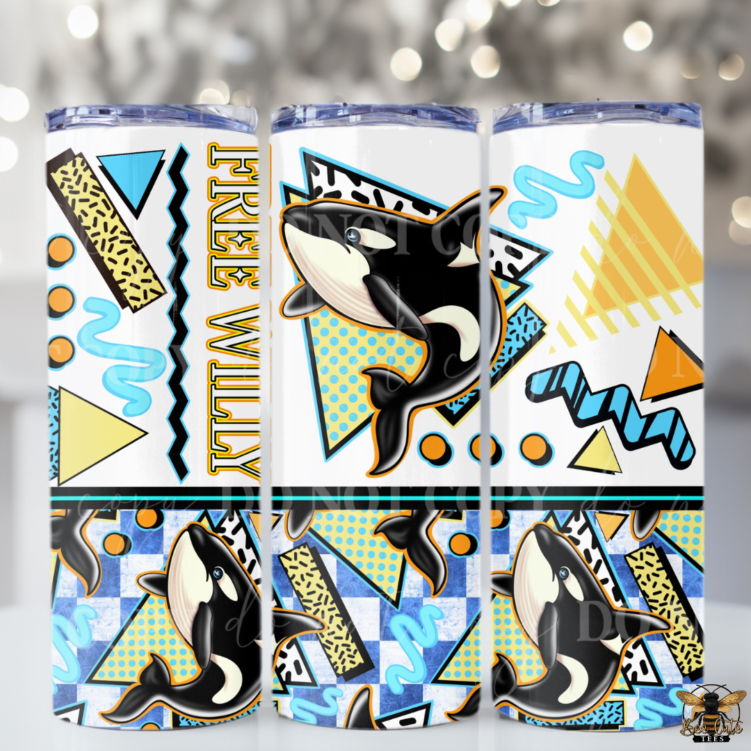Three tumblers with orca whale designs and colorful patterns on a white background.