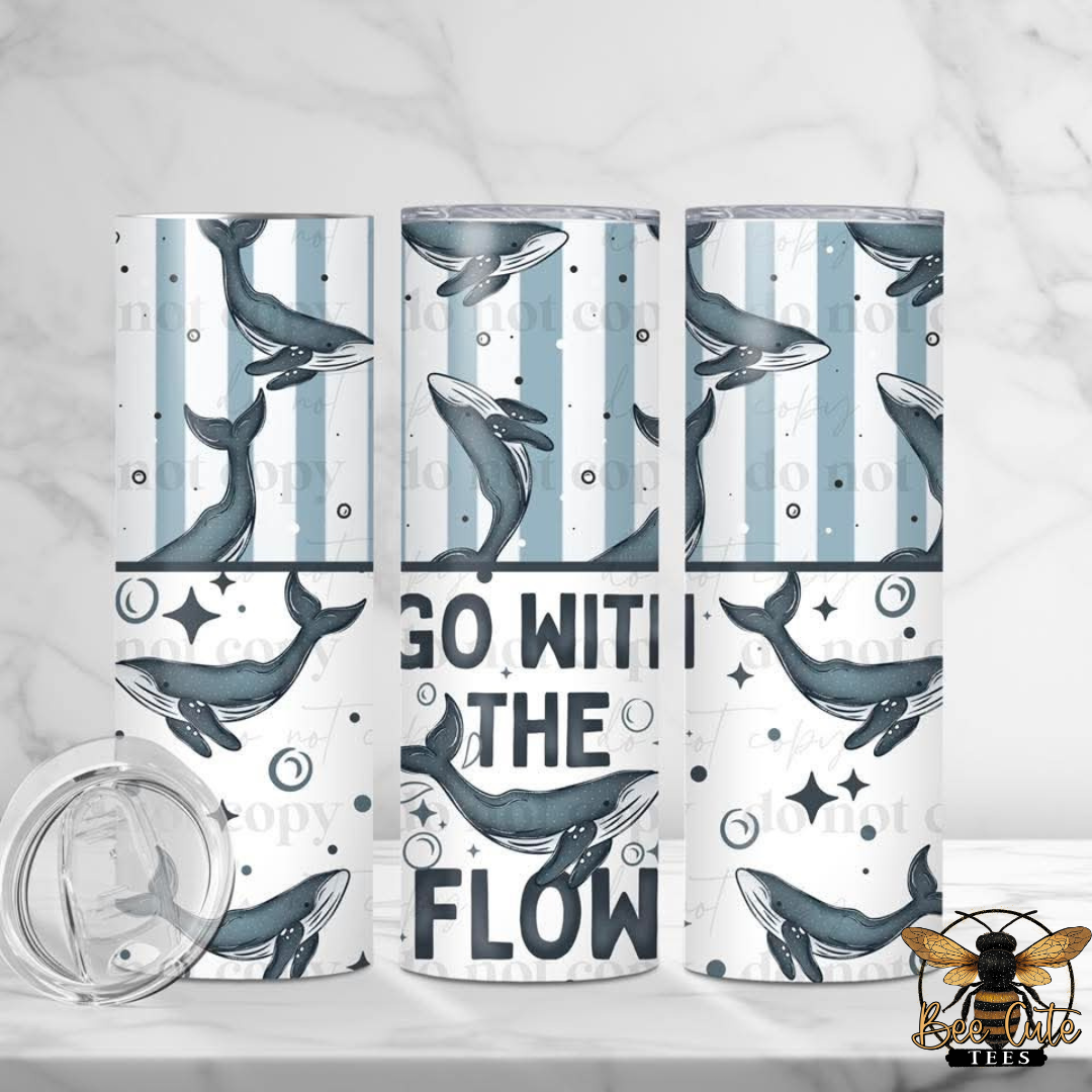Three tumbler designs with whale illustrations and 'Go With The Flow' text on a white background.