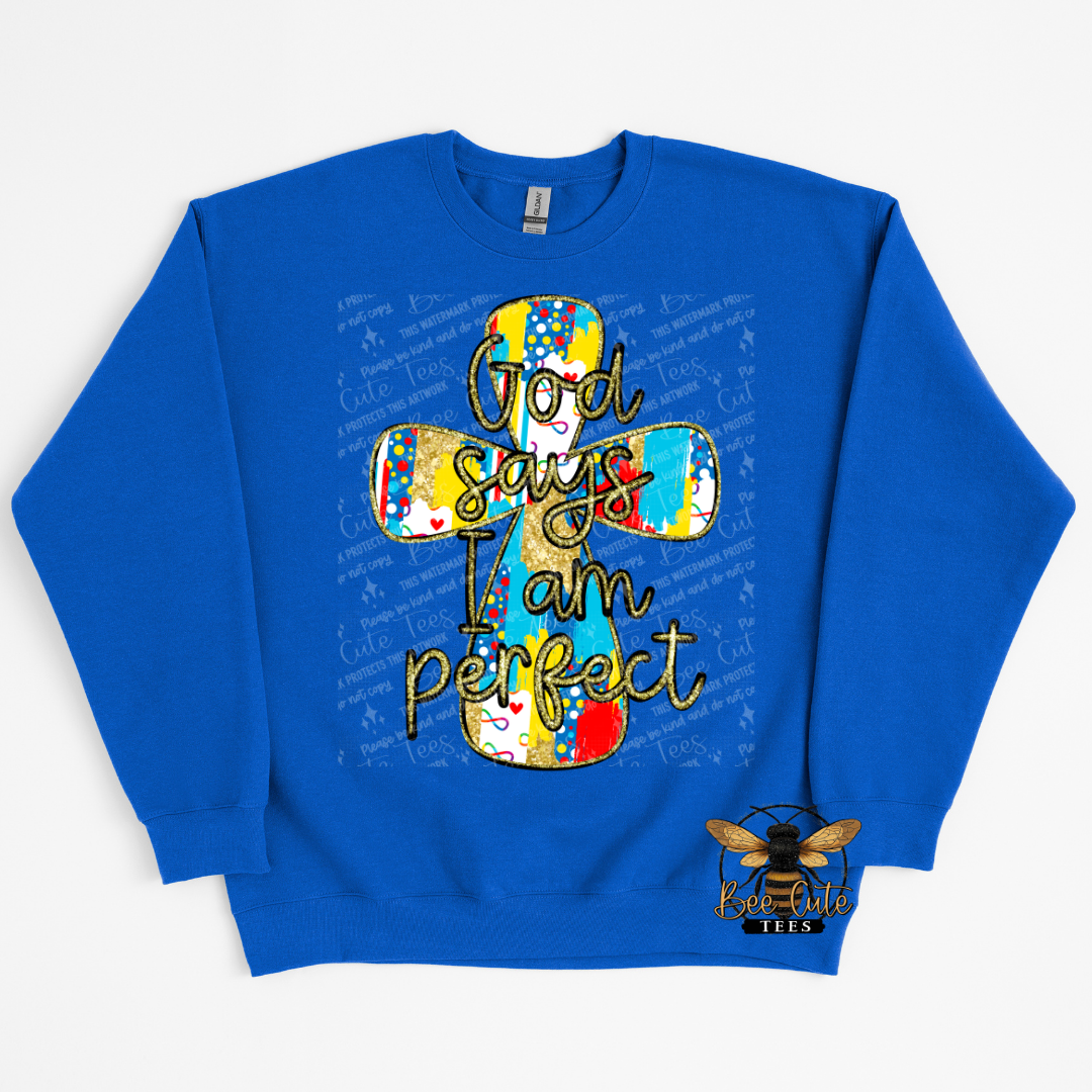 Blue sweatshirt with a colorful cross design and text on a white background
