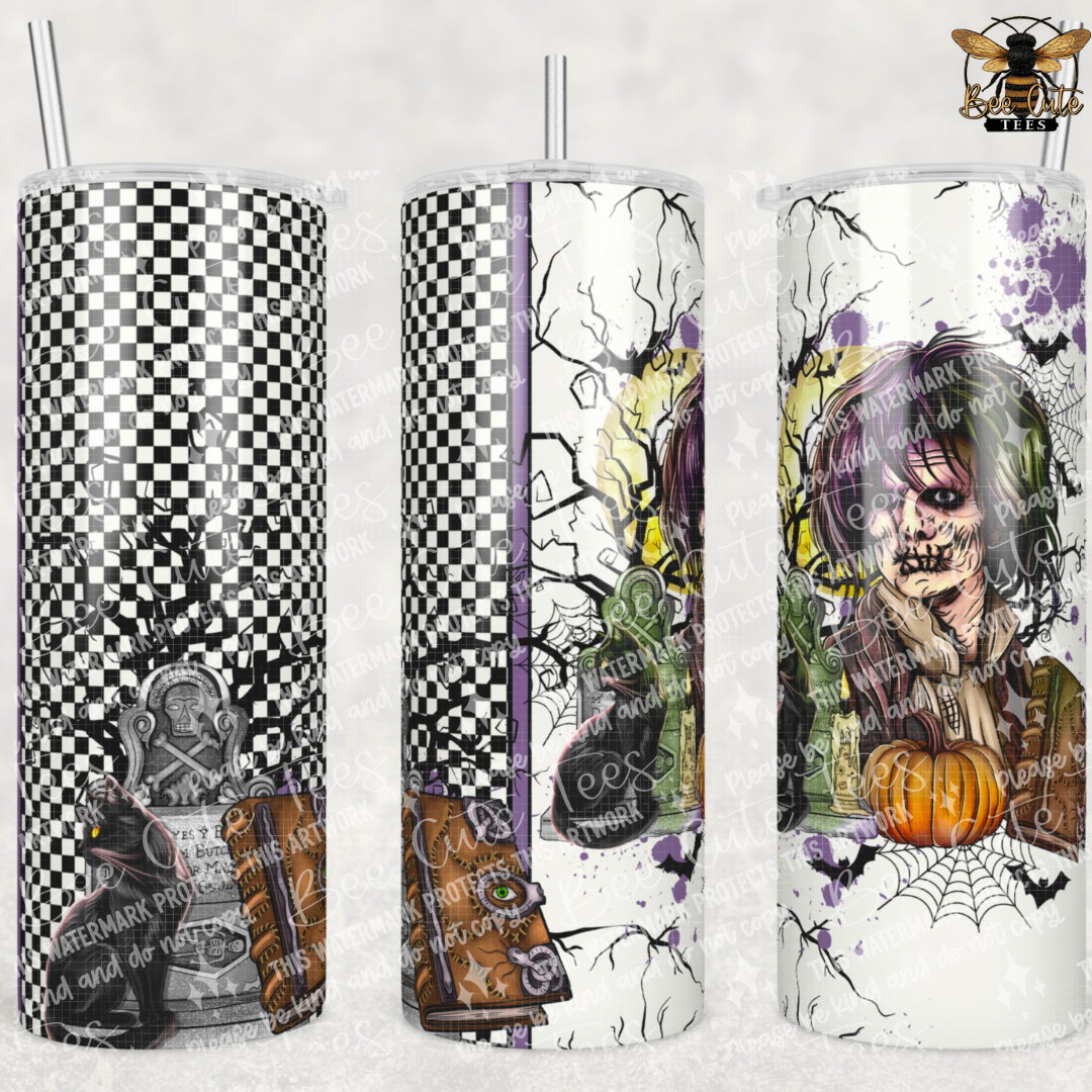 Three Halloween-themed skinny tumblers with clear lids and metal straws, featuring spooky printed designs including a black-and-white checkerboard pattern, a skeleton with a book, and a zombie with a pumpkin on a white background.