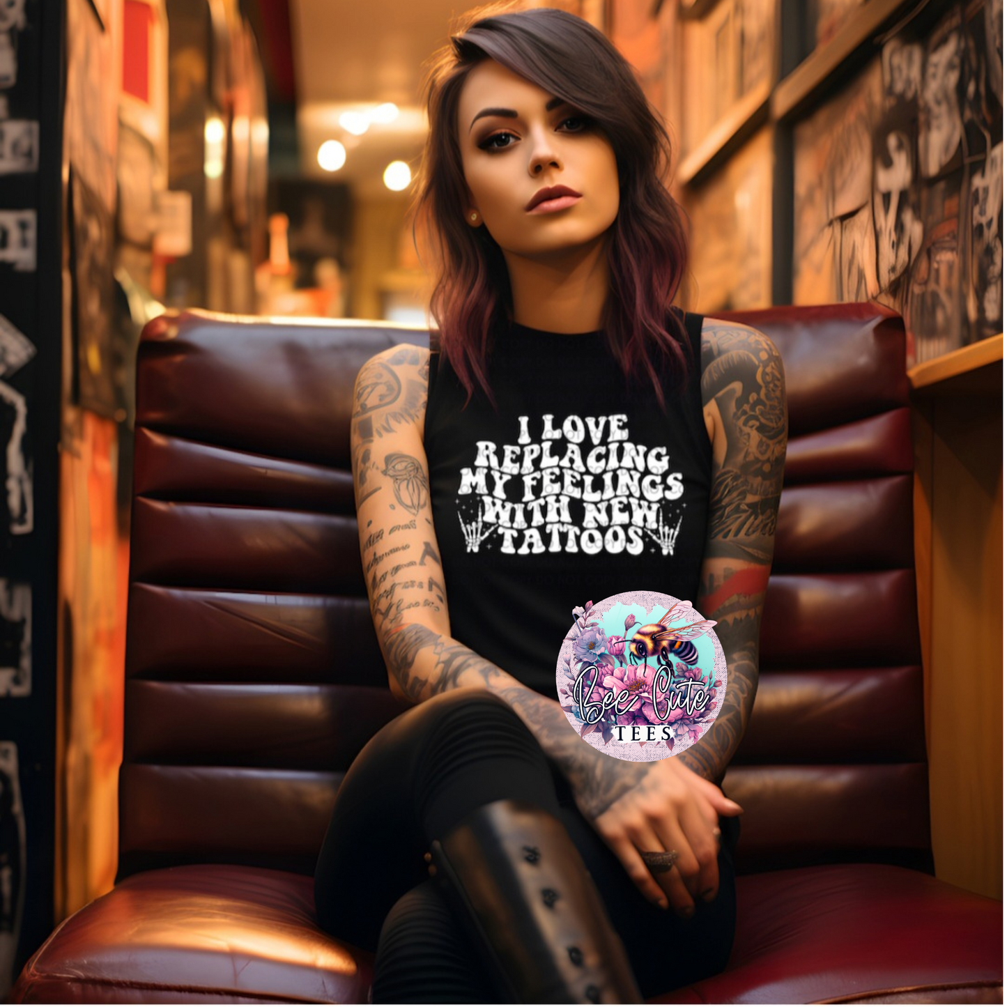 Woman sitting on a leather bench wearing a black t-shirt with a tattoo design and text.
