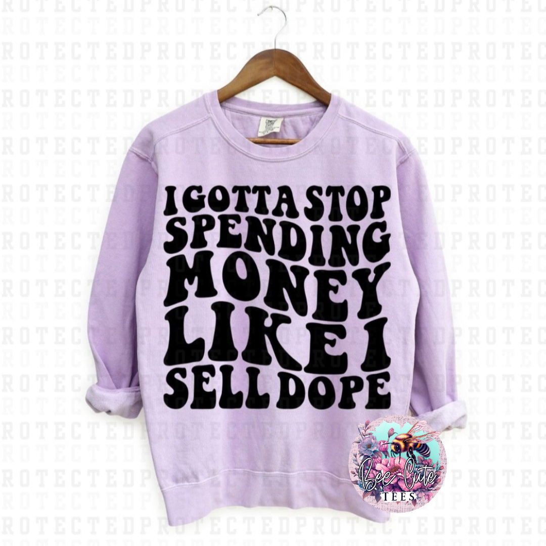 Lavender sweatshirt with black text on a white background