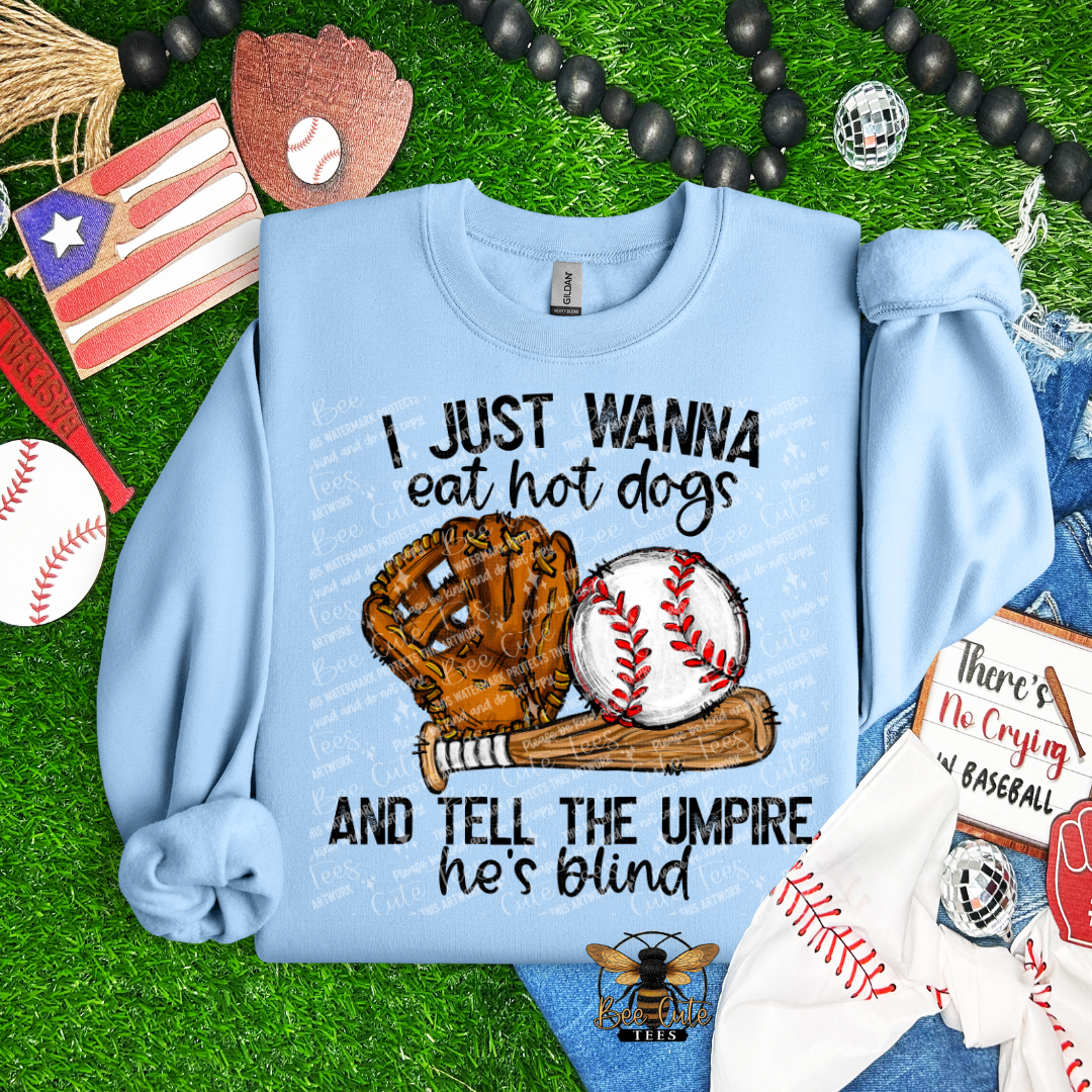 Light blue sweatshirt with baseball-themed design and text on a grass background with sports-themed accessories.