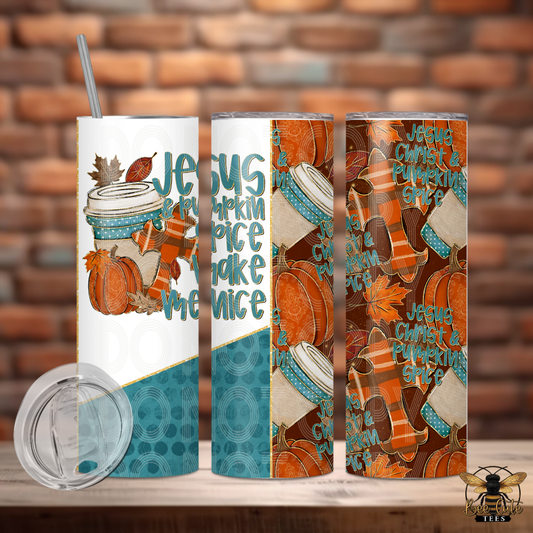 Three insulated tumblers with a Fall-themed wrap design are displayed on a wooden surface against a brick wall background. The design features pumpkins, autumn leaves, coffee cups, and the text 'Jesus & Pumpkin Spice Make Me Nice' in teal and orange.