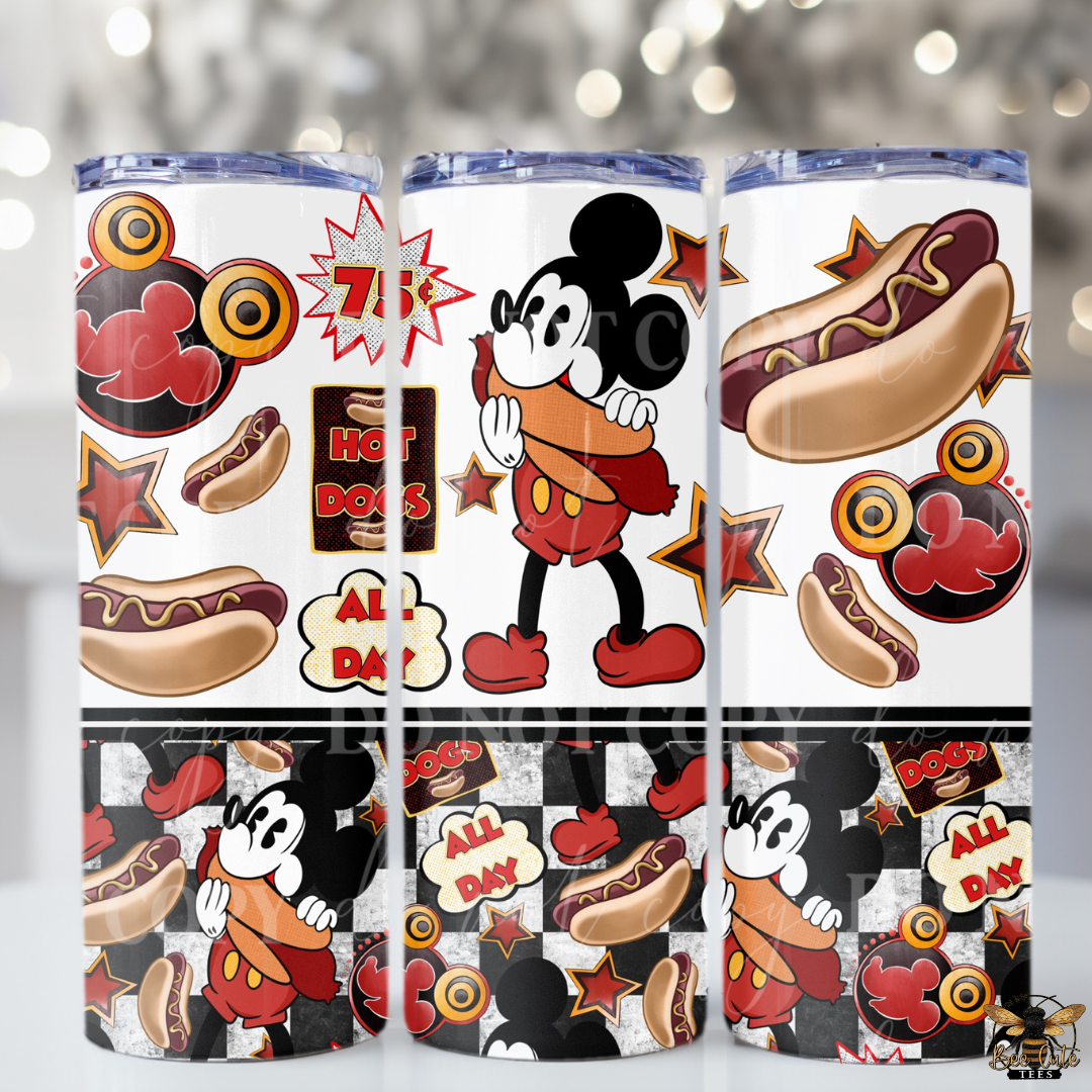 Three tumbler designs featuring a cartoon character and hot dog graphics on a white background.