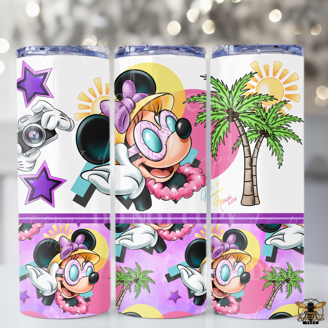 Set of three tumblers with cartoon character design on a white background