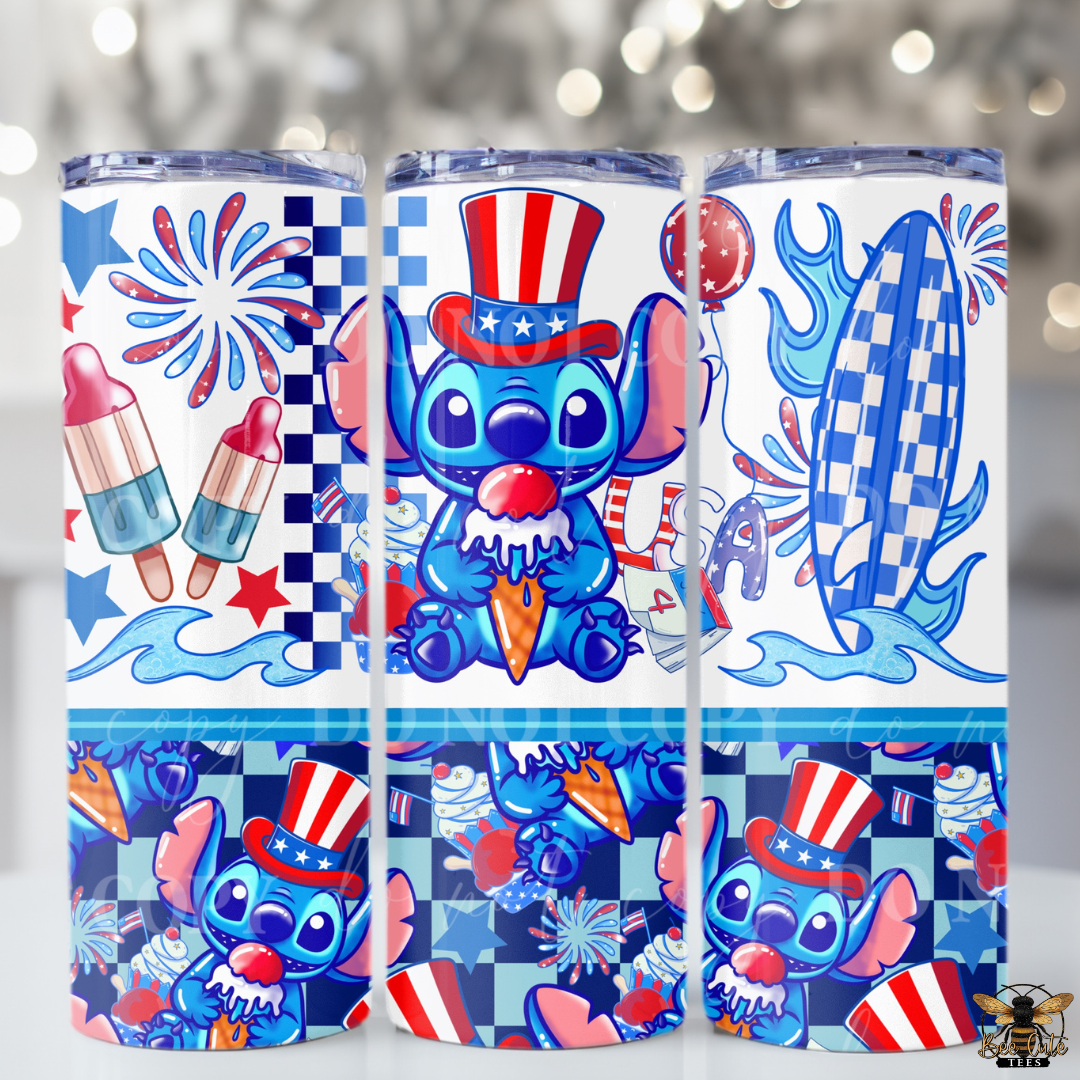 Three tumbler designs featuring a cartoon character in patriotic theme with blue, red, and white colors.