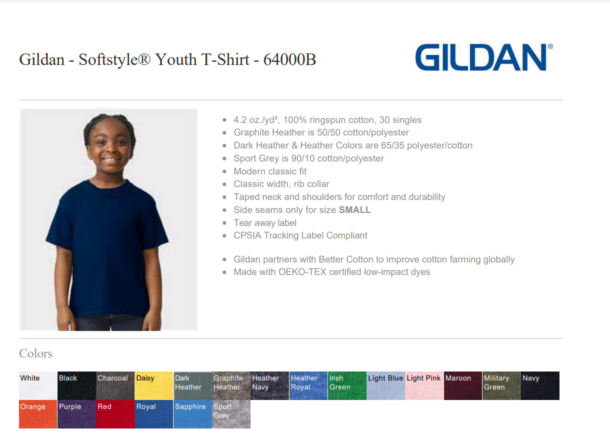 Gildan Softstyle Youth T-Shirt product page with a child model wearing a navy t-shirt.