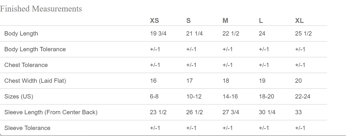 Measurement chart for clothing sizes XS to XL with tolerance values.