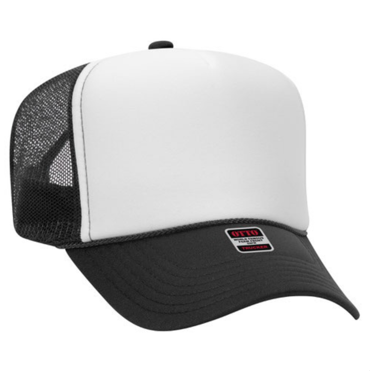 Black and white trucker hat with mesh back and curved brim, shown on a plain background.
